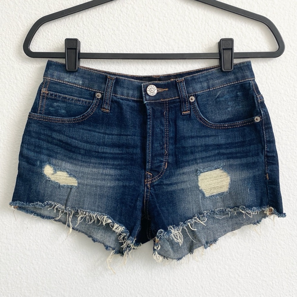 Express Women's Mid Rise Dark Wash Distressed Denim Cutoff Raw Hem Shorts
